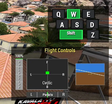 The flight-controls overlay visualises the recorded cyclic, collective, pedal, attitude, and keyboard inputs.