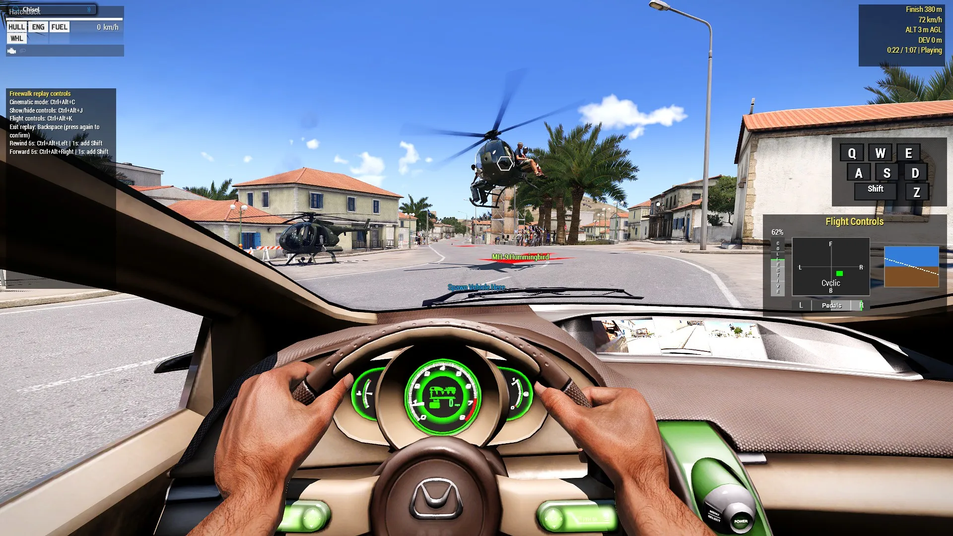 Free Walk replay view showing the route from ground level, and in this case, from within a spawned vehicle.