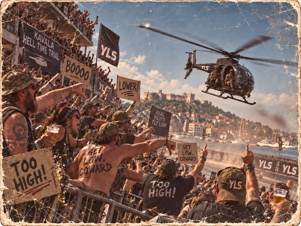 Spectators wave signs and boo a helicopter that has climbed above the rooftops.