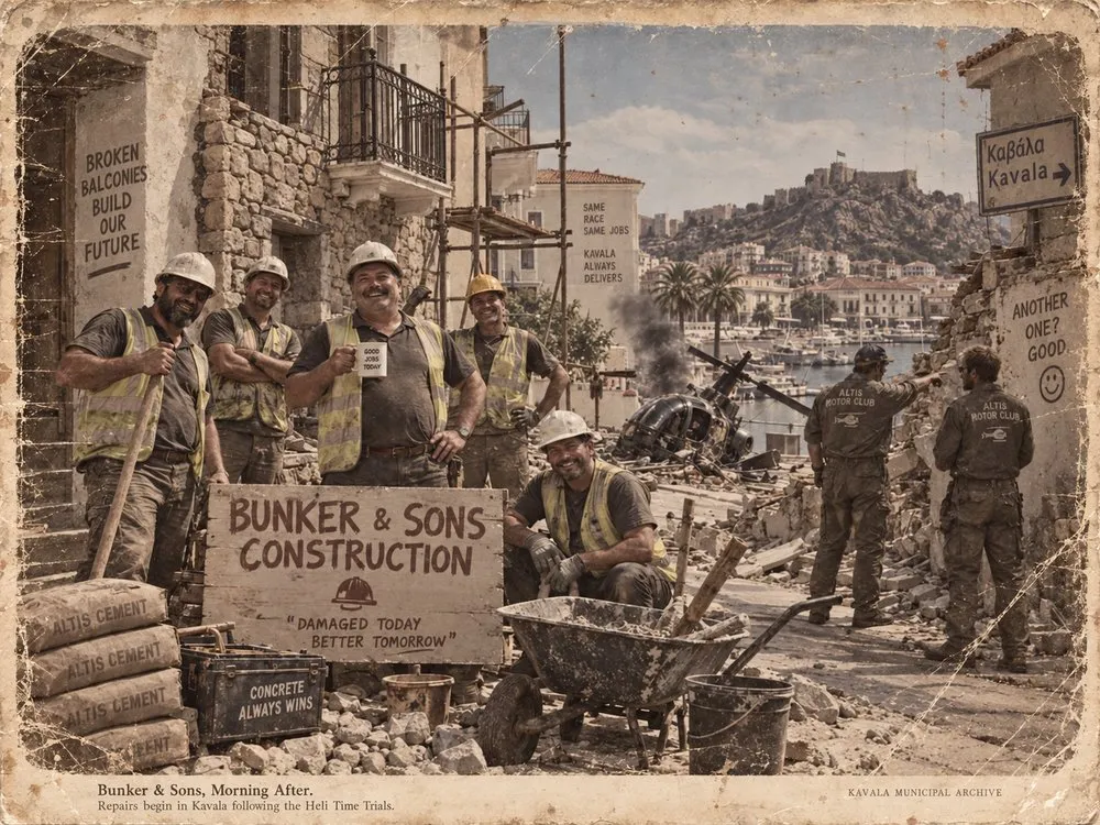 Bunker &amp; Sons crews repair Kavala the morning after a Heli Time Trial.
