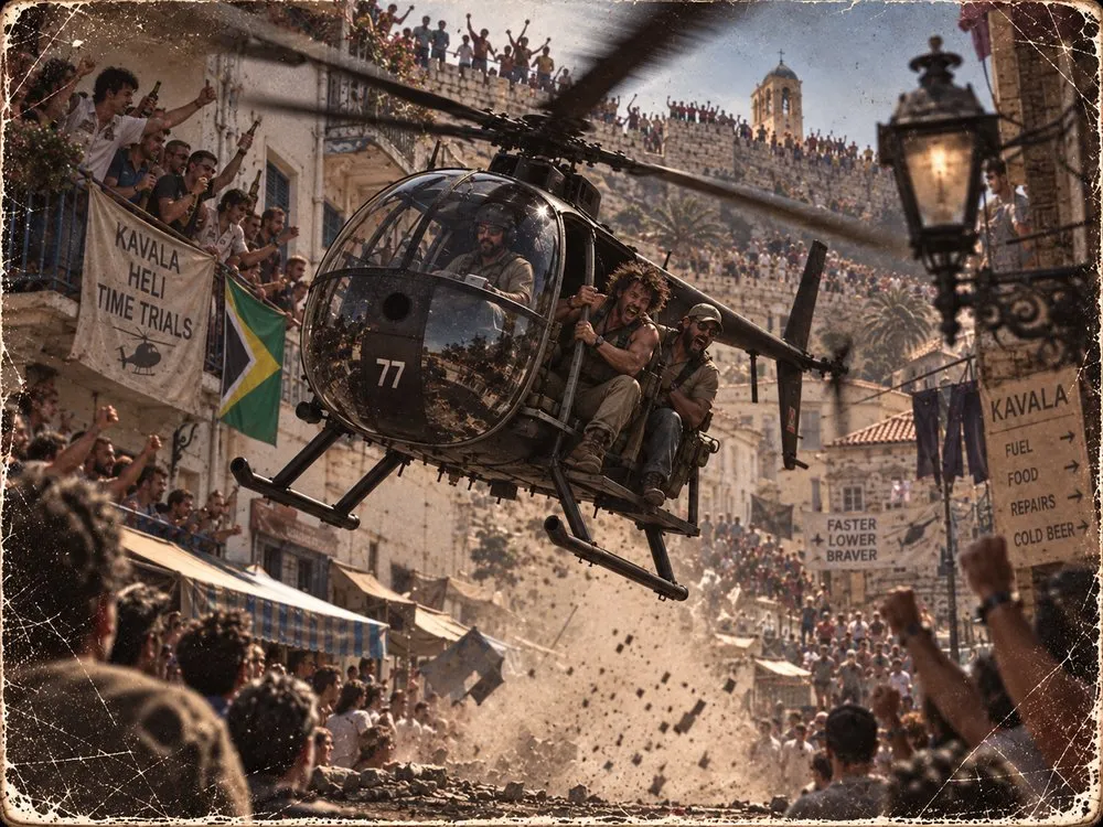 A Hummingbird races through Kavala as spectators watch from packed balconies and rooftops.