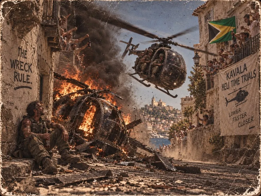 A Hummingbird flies past a burning wreck as the crowd watches from the street.