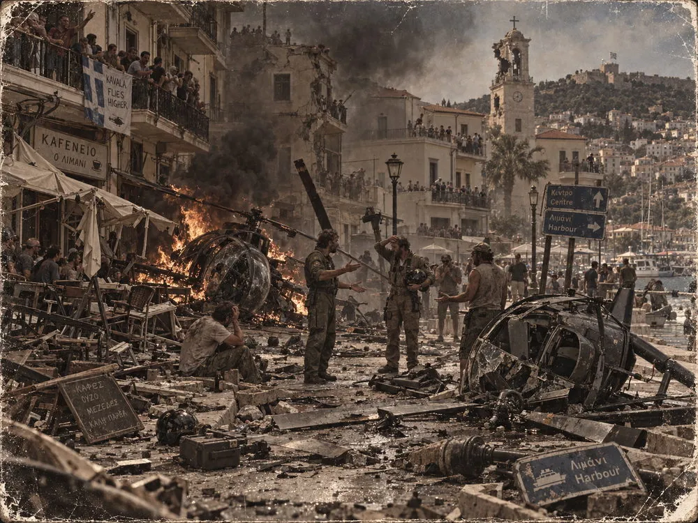 Wrecked Hummingbirds and debris litter a Kavala street after the first disastrous race.