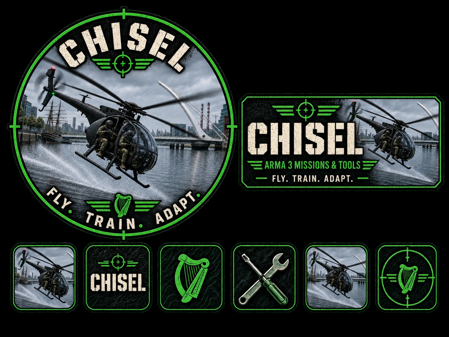 Chisel badge: a helicopter over Dublin, an Irish harp, and the motto Fly. Train. Adapt.