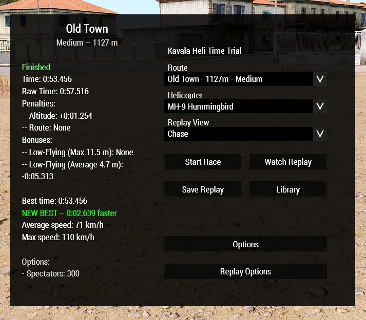 The main dialog is the starting point for choosing a route, selecting a helicopter, launching a run, and opening the replay or options screens.