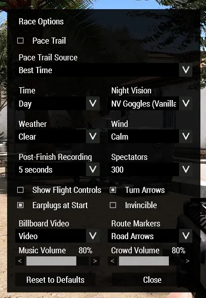The Options dialog contains the mission-wide settings for conditions, scoring assistance, route presentation, recording, cockpit displays, and audio.