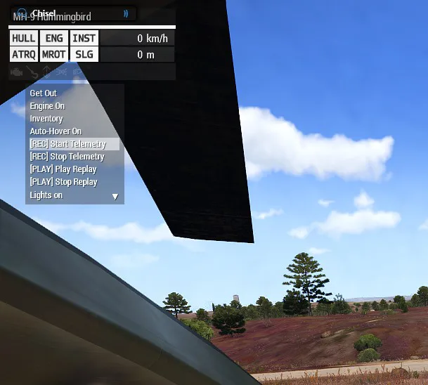 The mouse-wheel action menu showing Start Telemetry, Stop Telemetry, Play Replay, and Stop Replay.