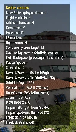 The replay-controls reference shows the keys used to change views, seek through the recording, and control playback.