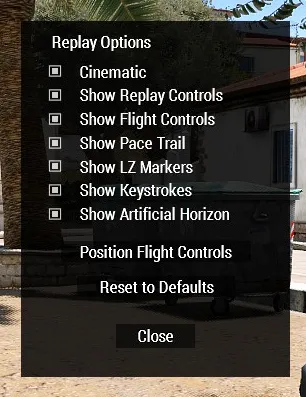 Replay Options controls the presentation overlays and camera experience while watching a recording.
